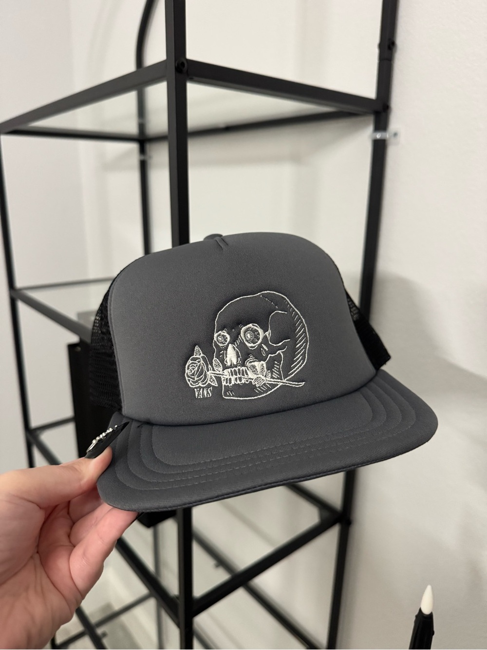 Vans Gray Trucker Hat with Skull & Rose Stitch